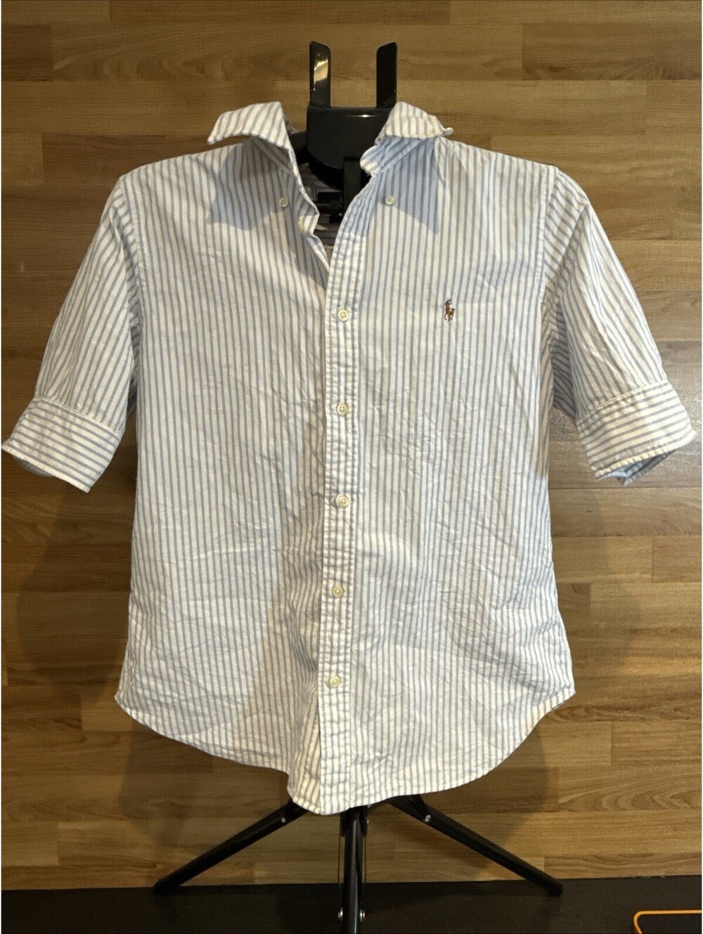 Ralph Lauren Shirt Men's L Blue White Striped Slim Fit Half Sleeve Button-Down